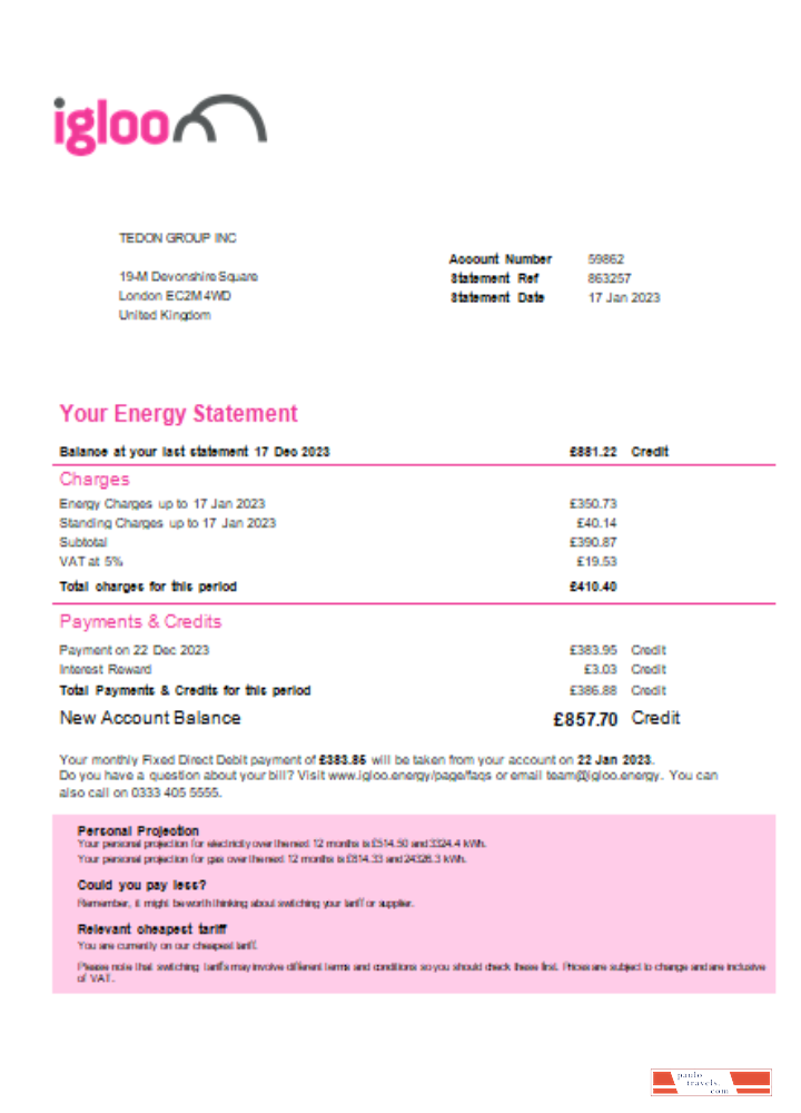 Igloo Energy utility business bill, SCR PSD template